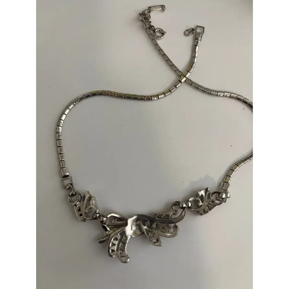 Vintage Rhinestone Collar Necklace Silvertone